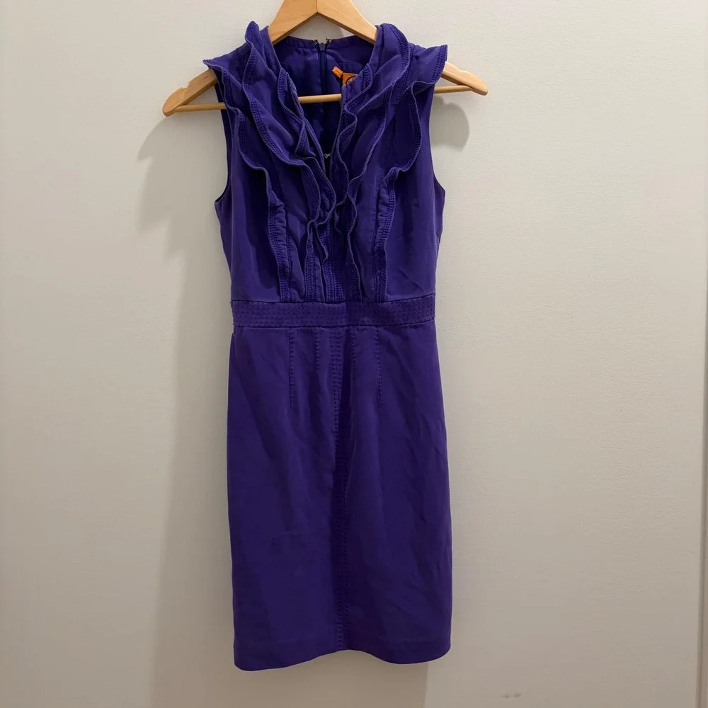 Tory Burch Purple Ruffle Sleeveless Sheath Dress Size 0 Mini Embroidery Zip Back